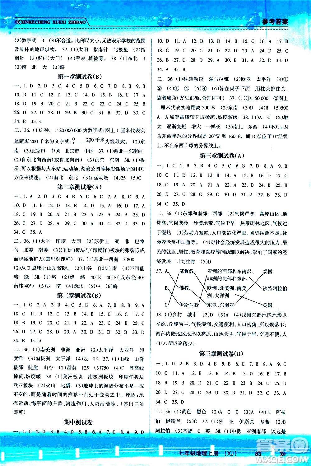 南方出版社2020年新課程學(xué)習(xí)指導(dǎo)地理七年級上冊XJ湘教版答案