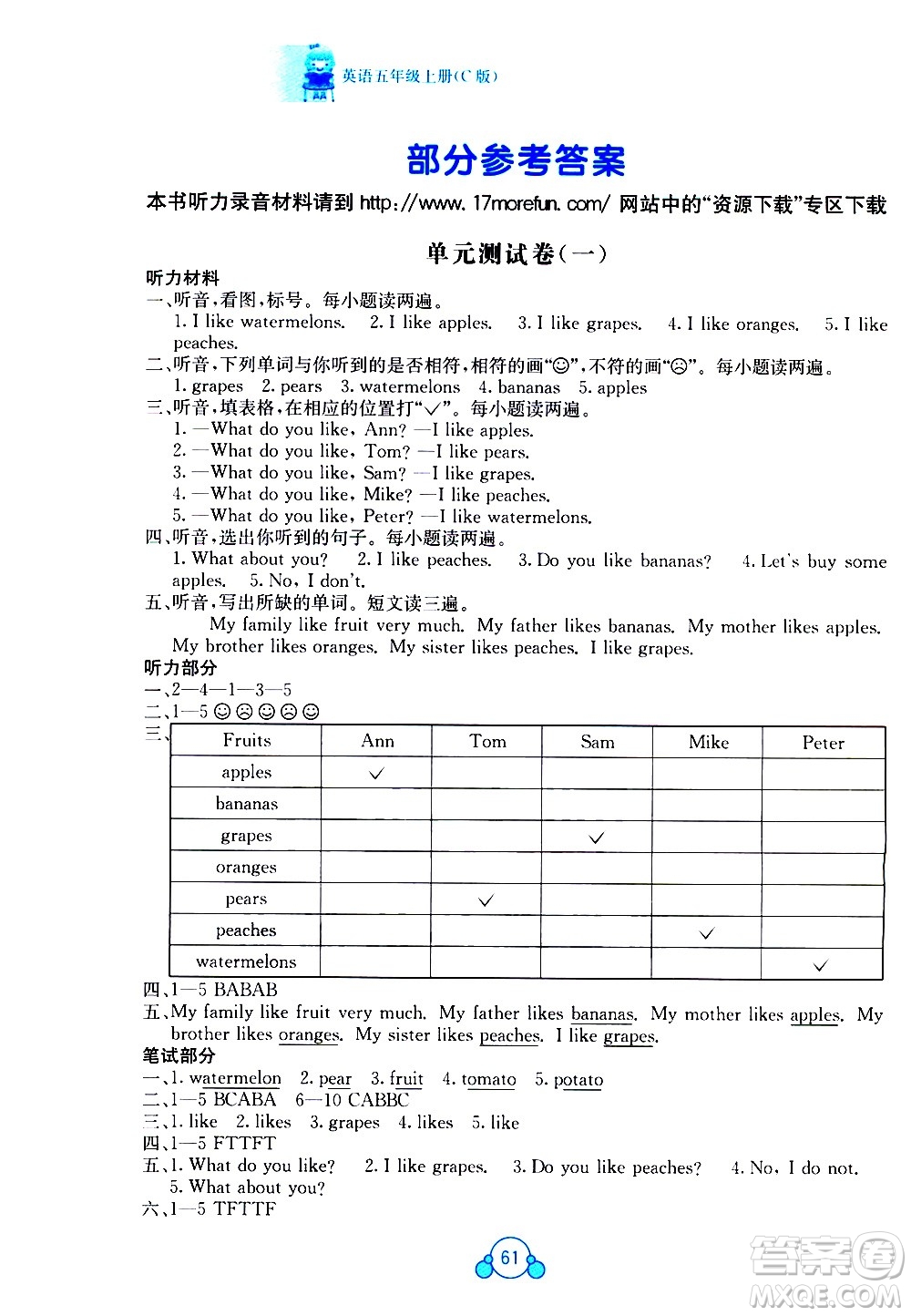 2020年自主學習能力測評單元測試英語五年級上冊C版答案