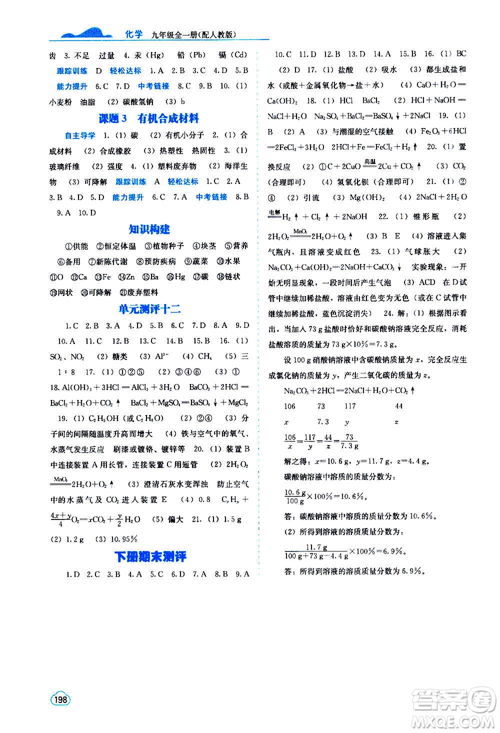 廣西教育出版社2020年自主學習能力測評化學九年級全一冊人教版答案