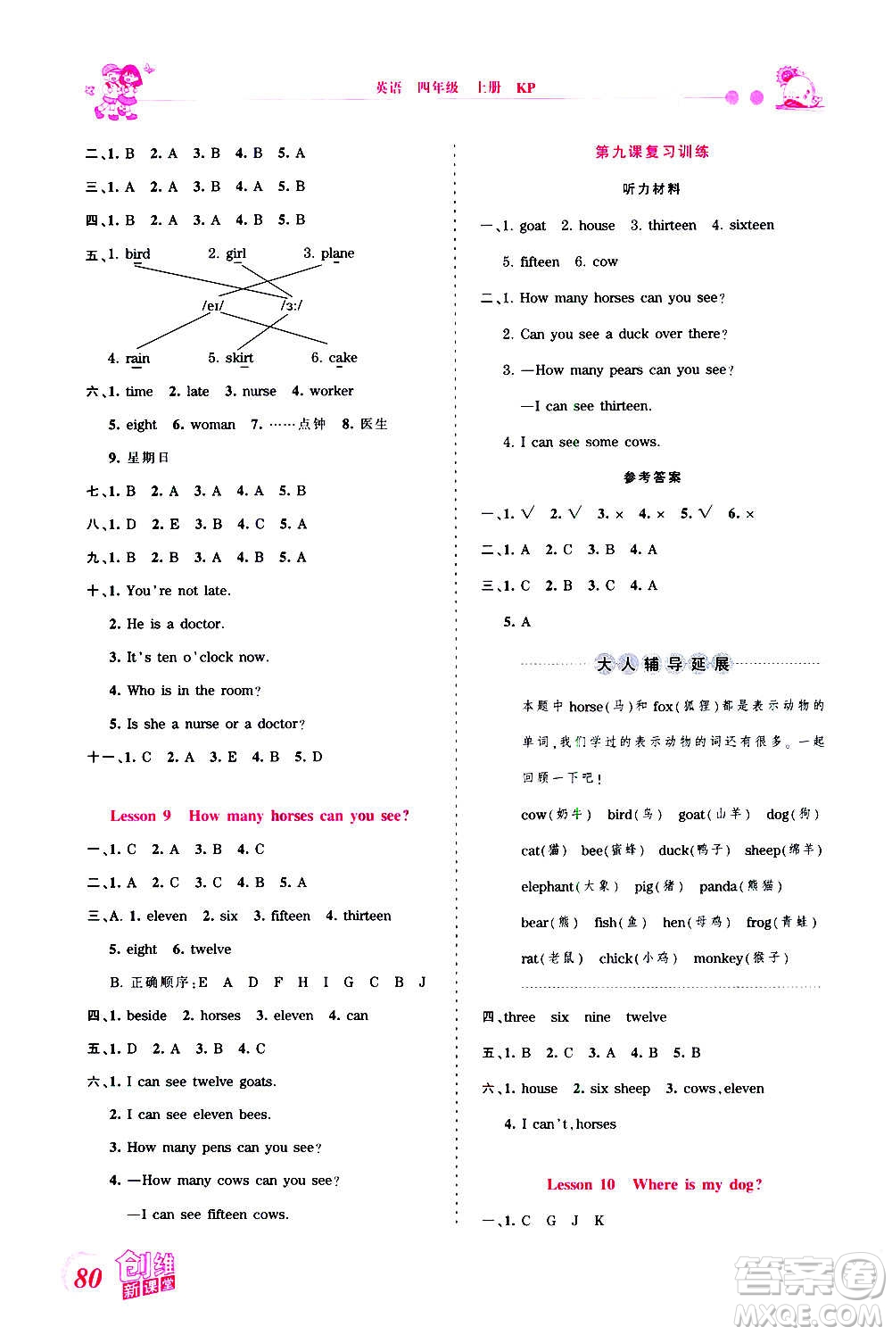 2020秋王朝霞創(chuàng)維新課堂同步優(yōu)化訓(xùn)練英語四年級(jí)上冊(cè)KP科普版答案