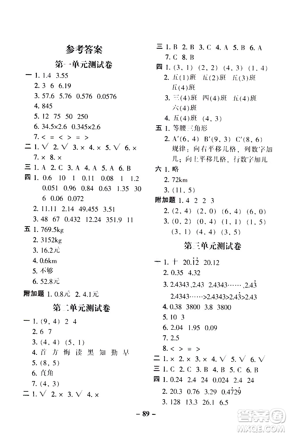 河北少年兒童出版社2020年期末闖關(guān)100分數(shù)學(xué)五年級上冊RJ人教版答案