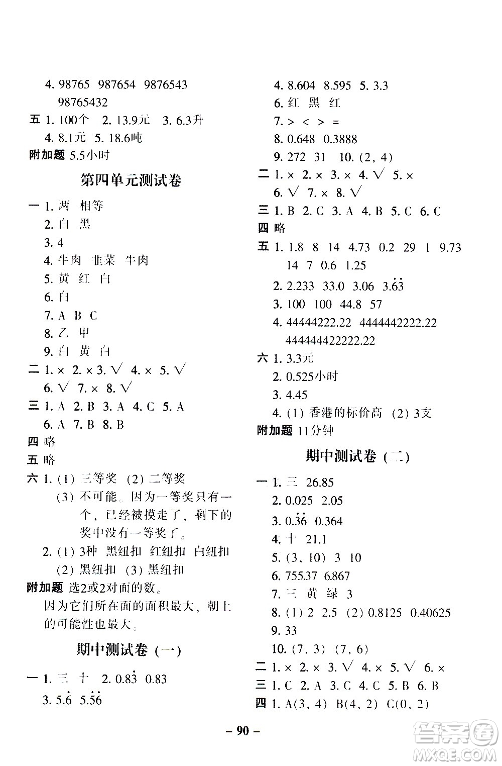 河北少年兒童出版社2020年期末闖關(guān)100分數(shù)學(xué)五年級上冊RJ人教版答案