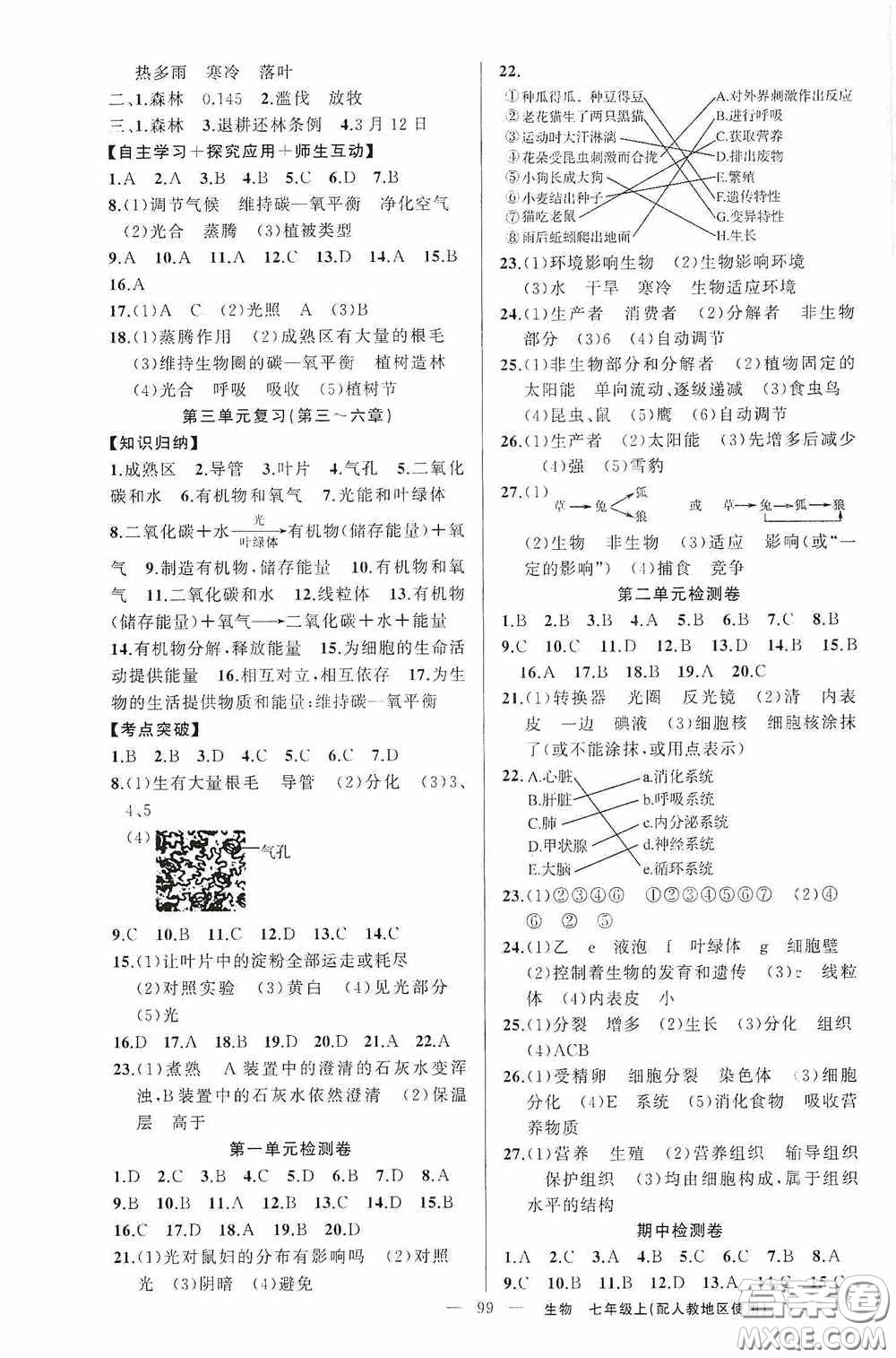 云南美術(shù)出版社2020學(xué)生課程精巧訓(xùn)練課堂創(chuàng)新學(xué)練測七年級(jí)生物上冊人教版答案