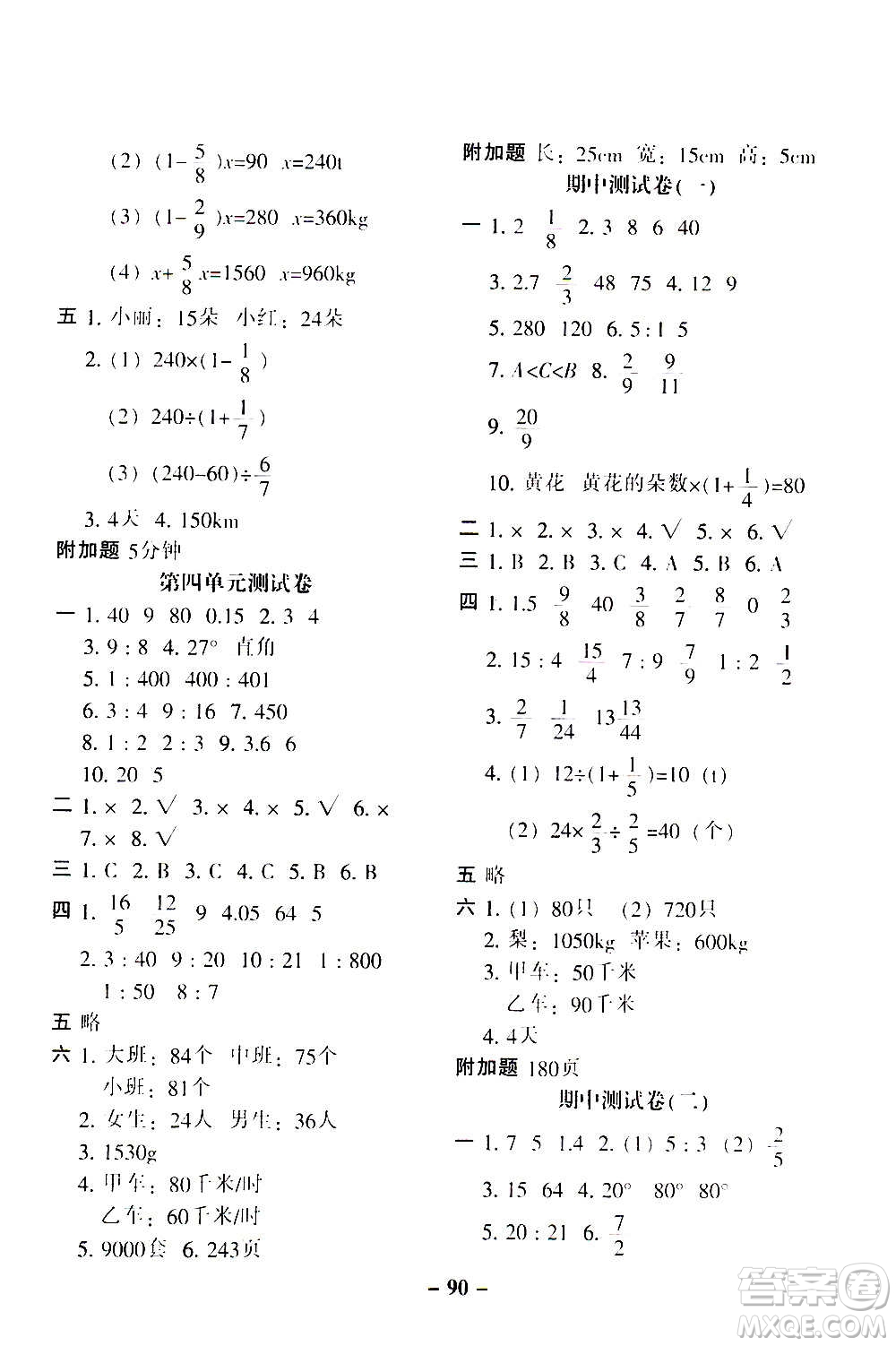 河北少年兒童出版社2020年期末闖關(guān)100分數(shù)學(xué)六年級上冊RJ人教版答案