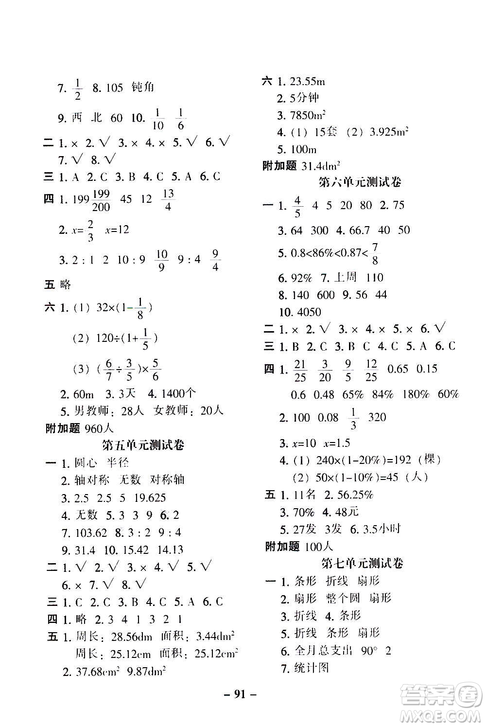 河北少年兒童出版社2020年期末闖關(guān)100分數(shù)學(xué)六年級上冊RJ人教版答案