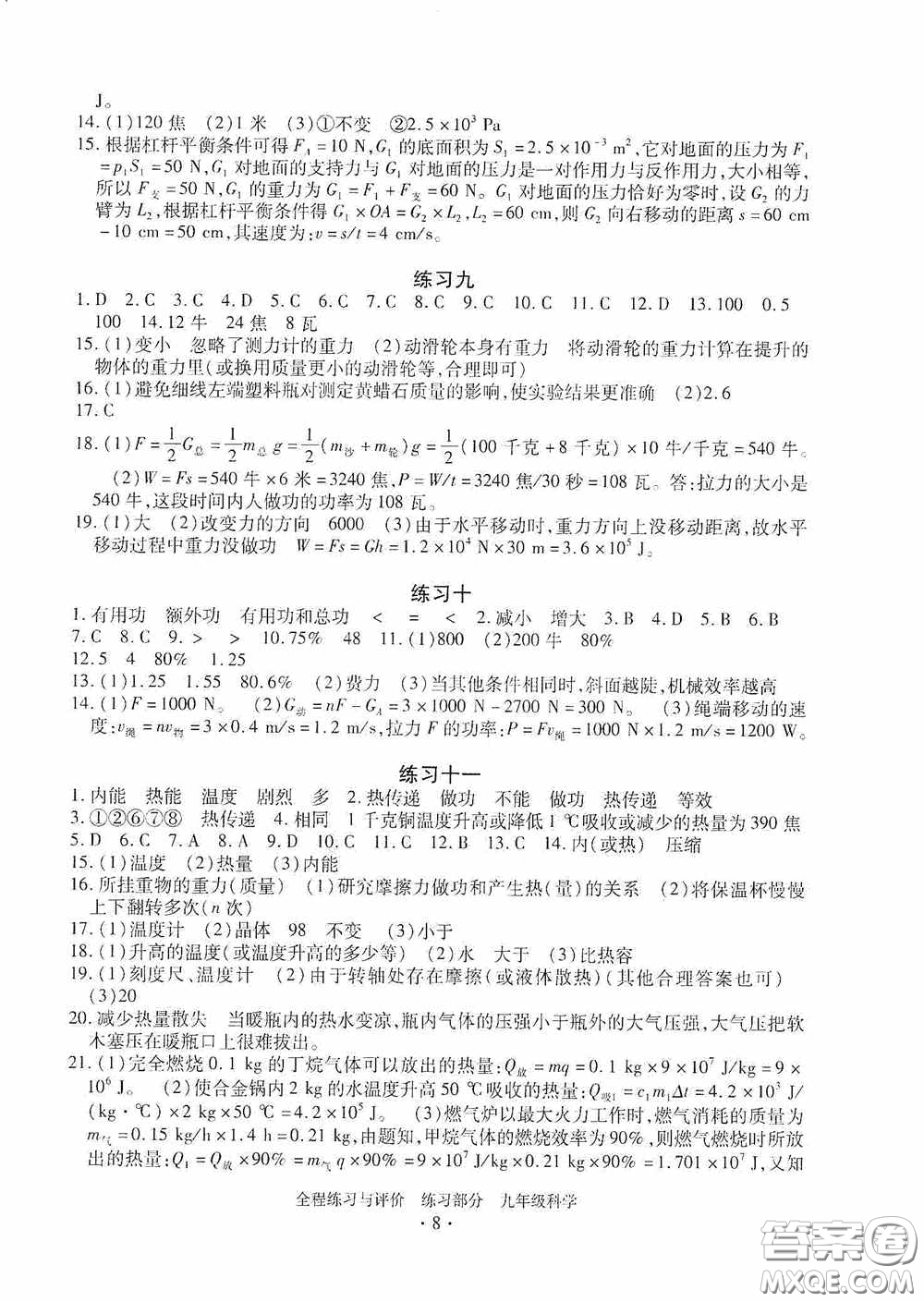 浙江人民出版社2020全程練習(xí)與評(píng)價(jià)九年級(jí)科學(xué)全一冊(cè)ZH版答案