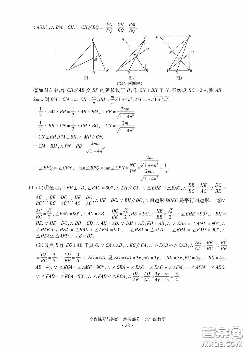 浙江人民出版社2020全程練習與評價九年級數(shù)學全一冊ZH版答案