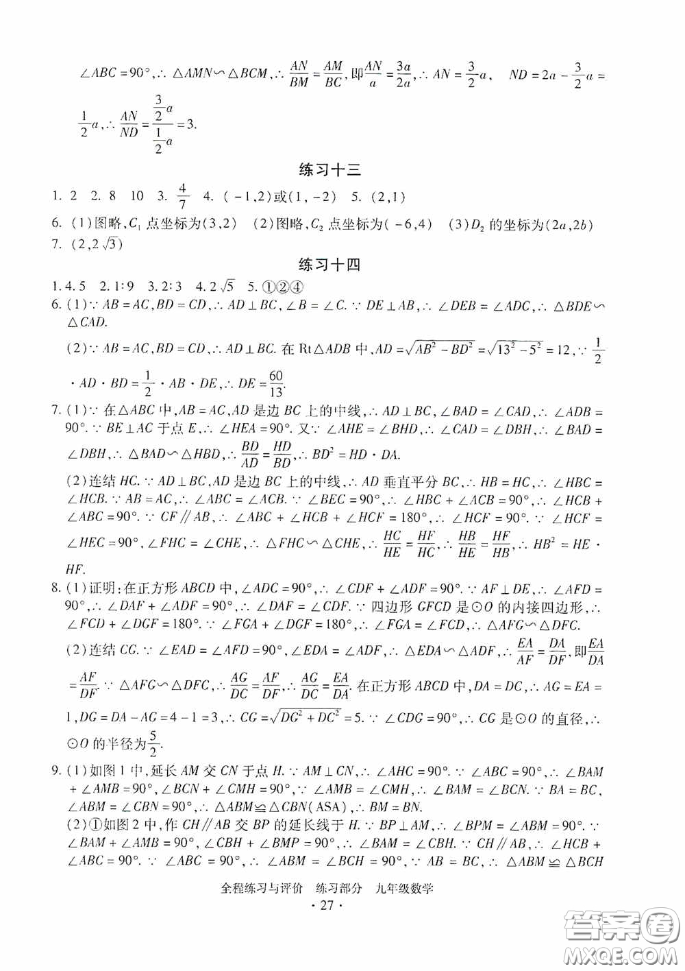 浙江人民出版社2020全程練習與評價九年級數(shù)學全一冊ZH版答案