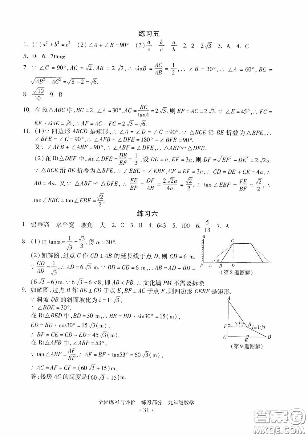 浙江人民出版社2020全程練習與評價九年級數(shù)學全一冊ZH版答案