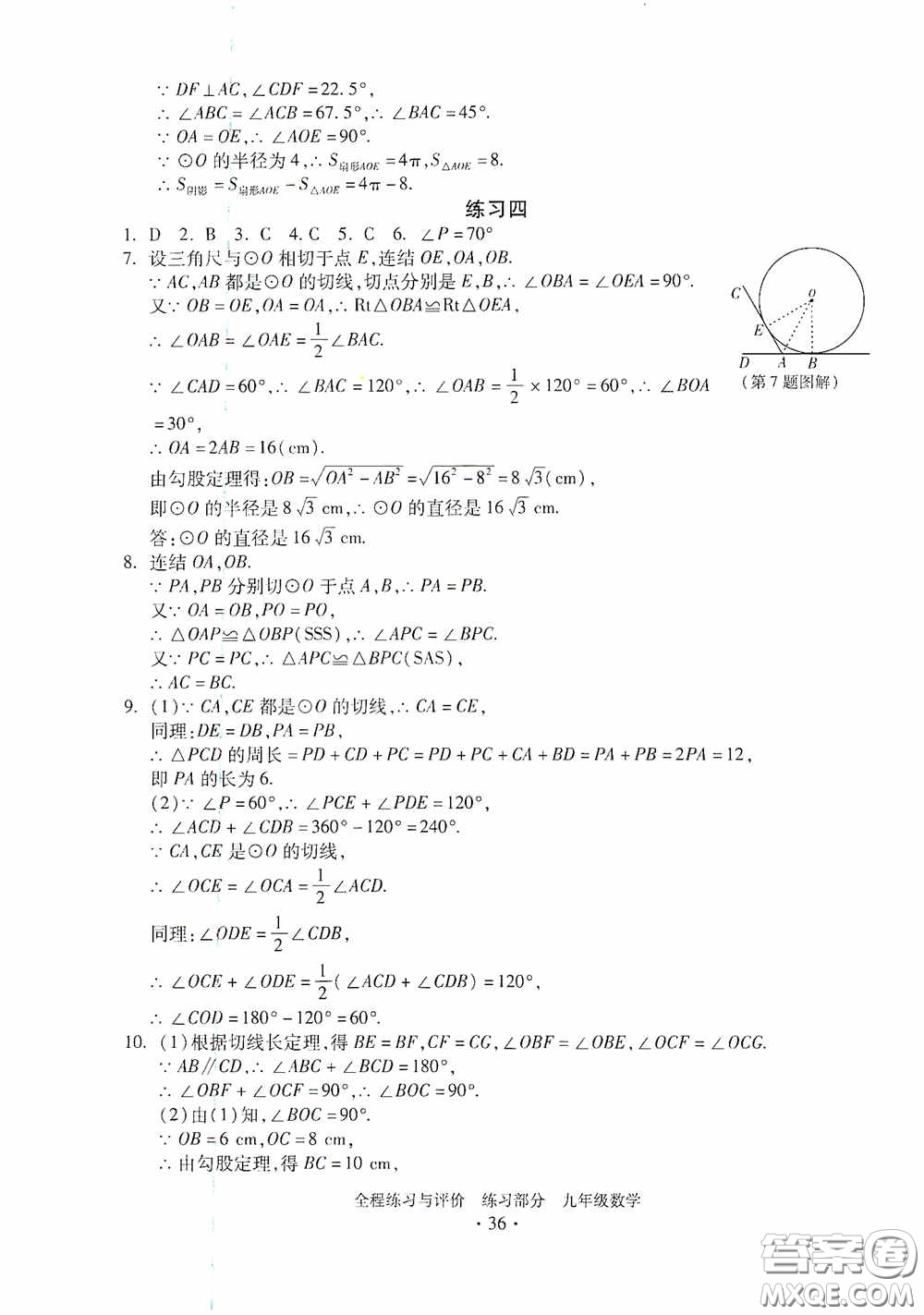 浙江人民出版社2020全程練習與評價九年級數(shù)學全一冊ZH版答案