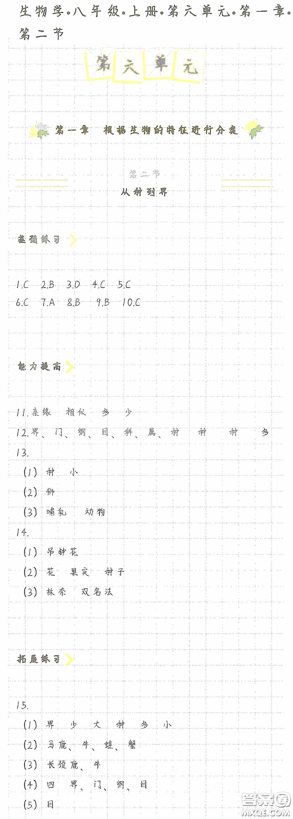 海天出版社2020知識與能力訓練八年級生物學上冊人教版答案