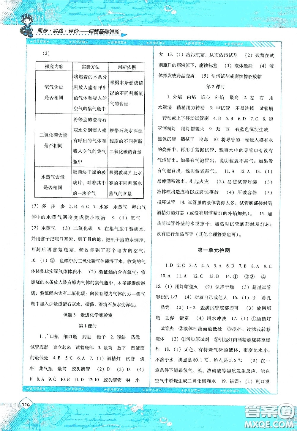 湖南少年兒童出版社2020課程基礎(chǔ)訓(xùn)練九年級化學上冊人教版答案