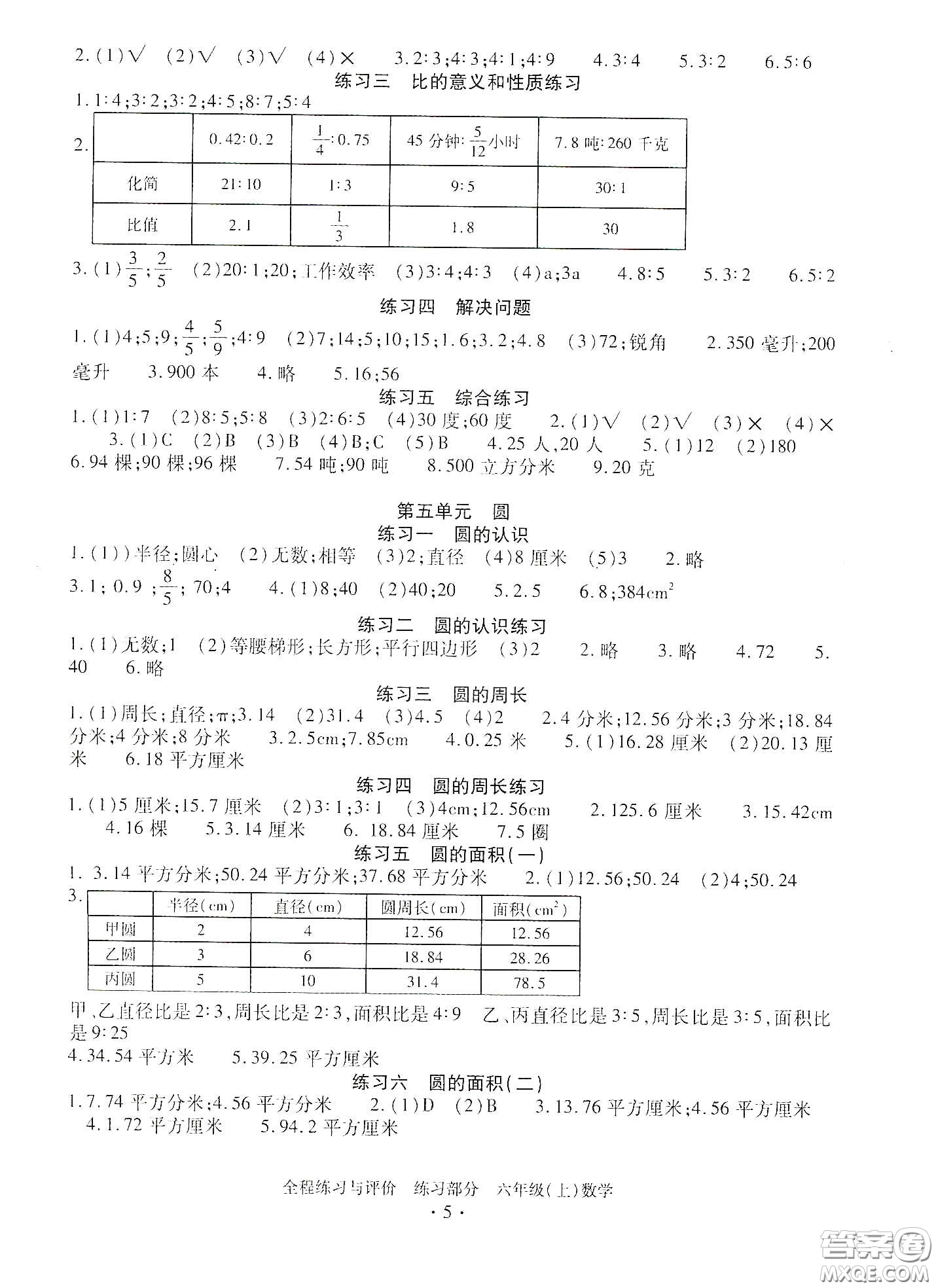 浙江人民出版社2020全程練習與評價六年級數(shù)學上冊人教版答案