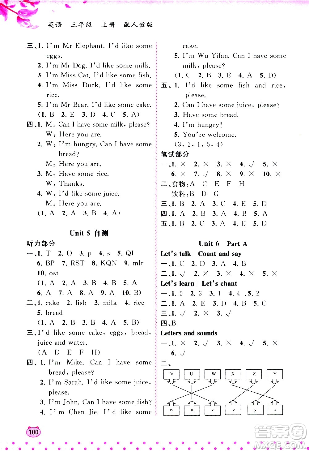 廣西教育出版社2020小學(xué)新課程學(xué)習(xí)與測評同步學(xué)習(xí)英語三年級上冊人教版答案