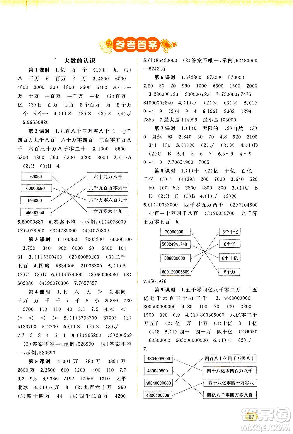 廣西教育出版社2020小學(xué)新課程學(xué)習(xí)與測評同步學(xué)習(xí)數(shù)學(xué)四年級上冊人教版答案