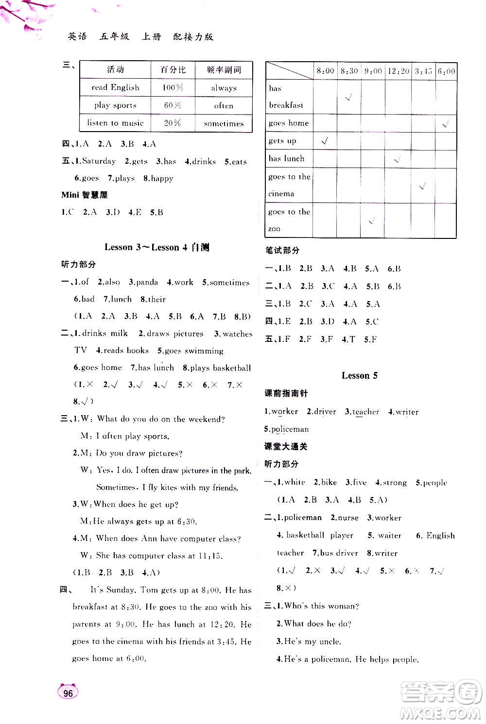 廣西教育出版社2020小學(xué)新課程學(xué)習(xí)與測評同步學(xué)習(xí)英語五年級上冊接力版答案