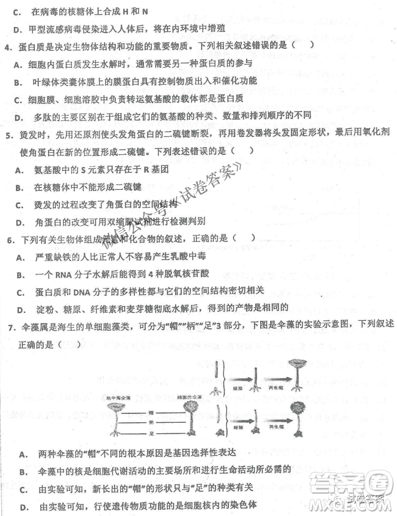 2020年衡水中學(xué)高三年級(jí)期中考試生物試卷及答案