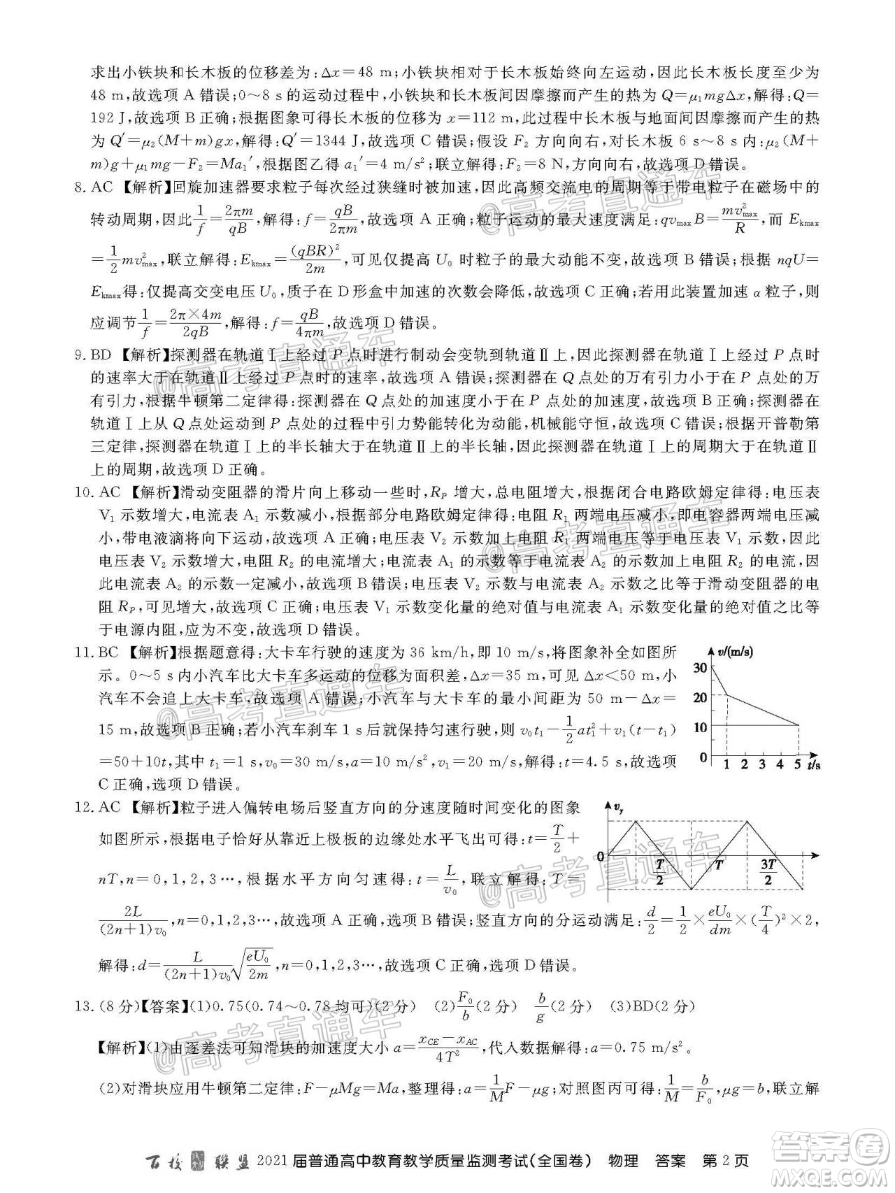 百校聯(lián)盟2021屆普通高中教育教學(xué)質(zhì)量監(jiān)測考試全國卷物理試題及答案