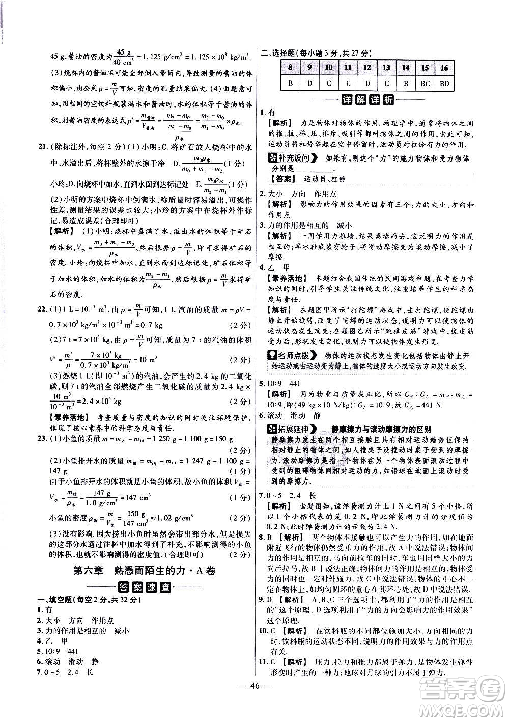 2021版金考卷活頁題選名師名題單元雙測卷物理八年級上冊HK滬科版答案