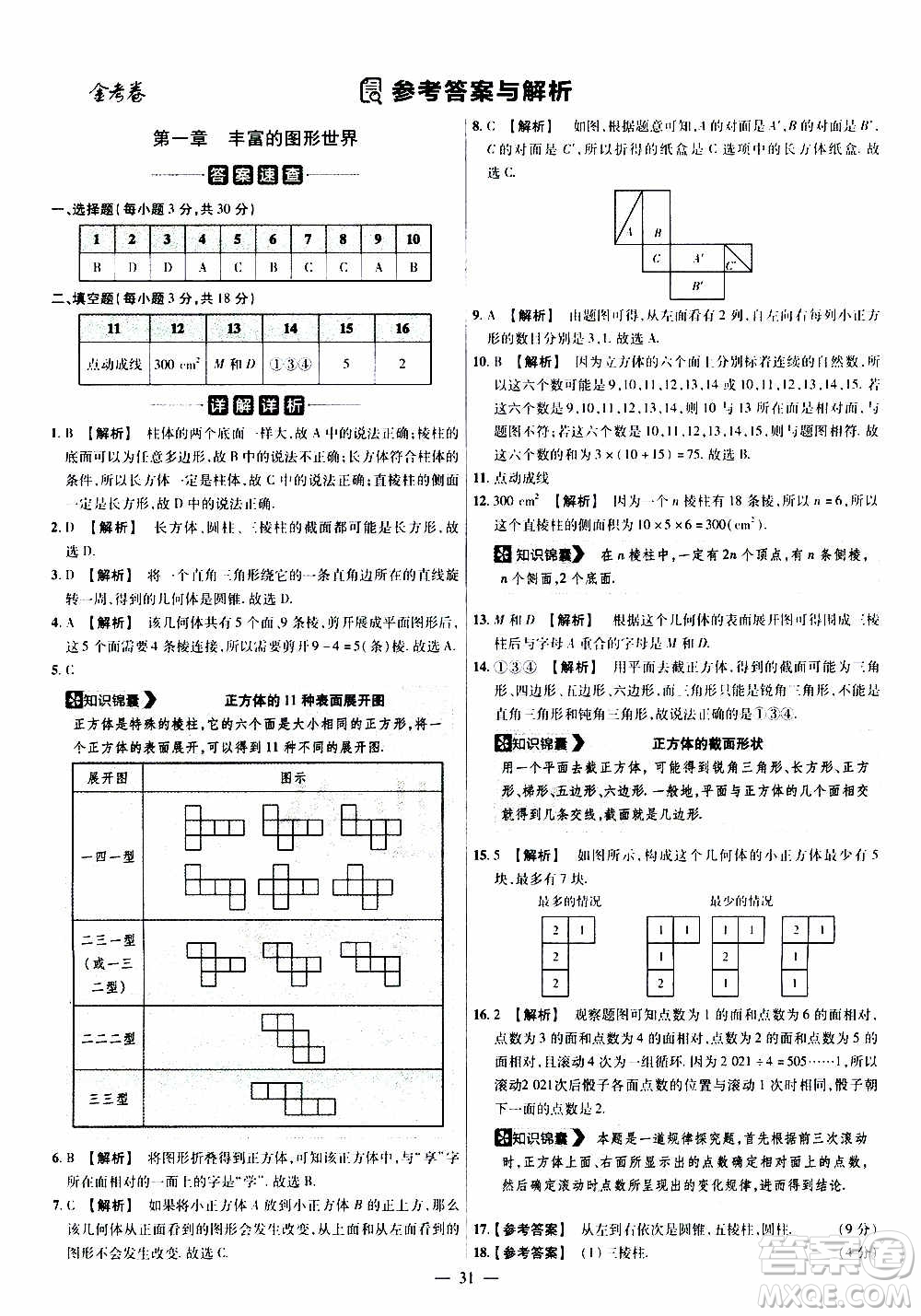 2021版金考卷活頁(yè)題選名師名題單元雙測(cè)卷數(shù)學(xué)七年級(jí)上冊(cè)BS北師大版答案