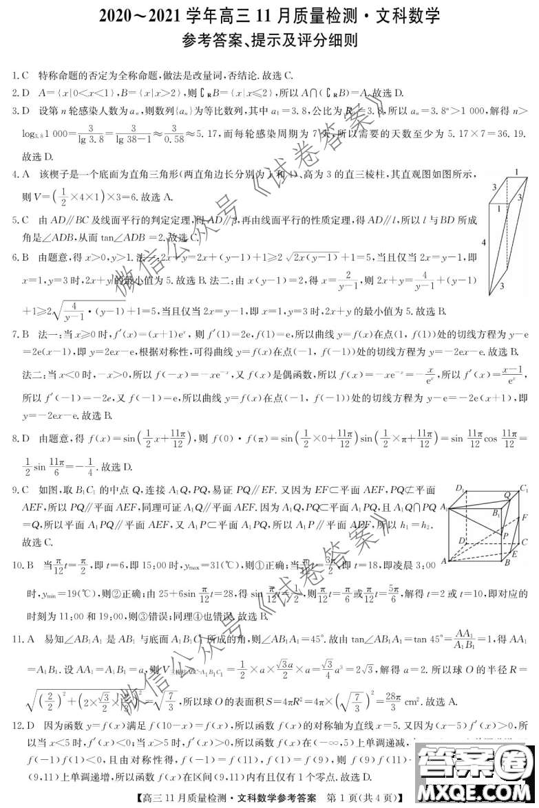 九師聯(lián)盟2020-2021學(xué)年高三11月質(zhì)量檢測文科數(shù)學(xué)試題及答案