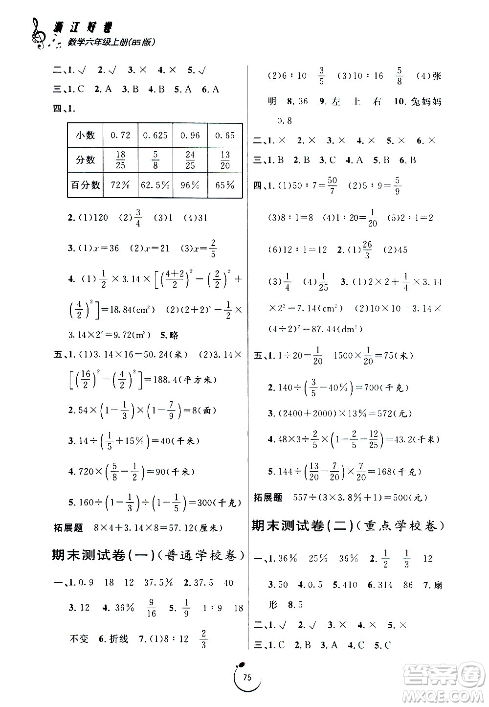 寧波出版社2020年浙江好卷數(shù)學六年級上冊BS北師版答案