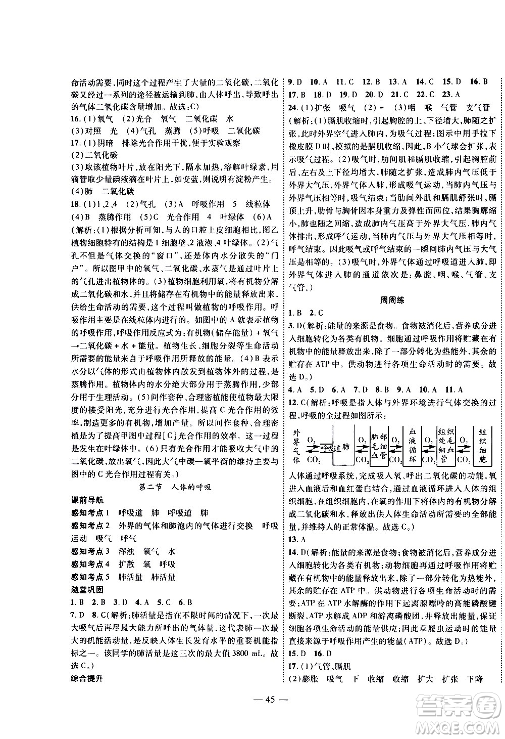 2020年新課程成長(zhǎng)資源課時(shí)精練生物七年級(jí)上冊(cè)蘇科版答案