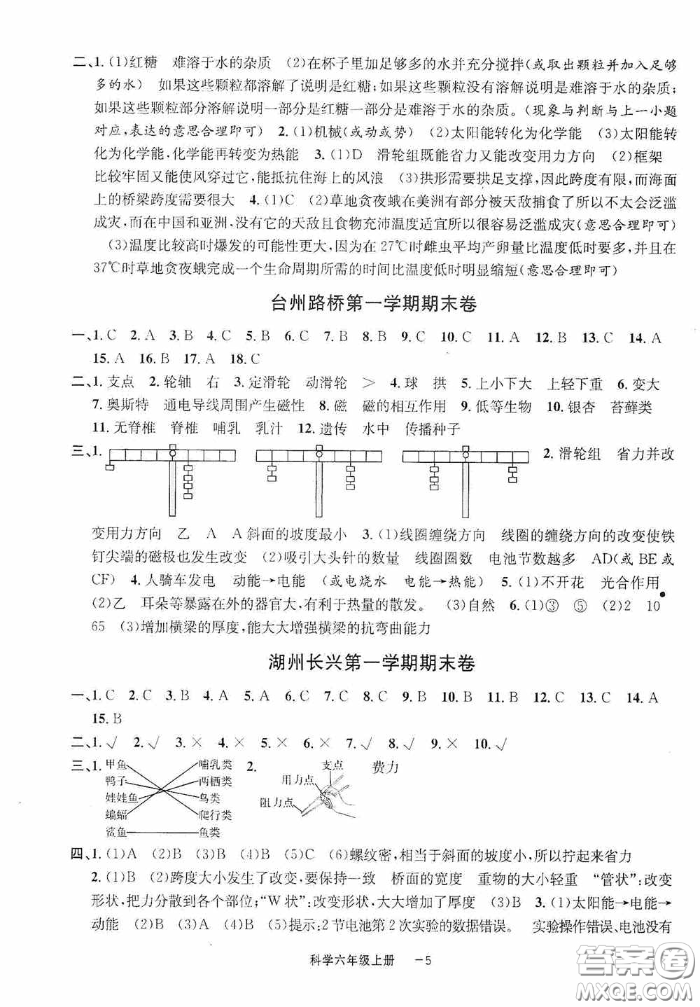 寧波出版社2020浙江各地期末迎考卷六年級科學(xué)上冊冀教版答案