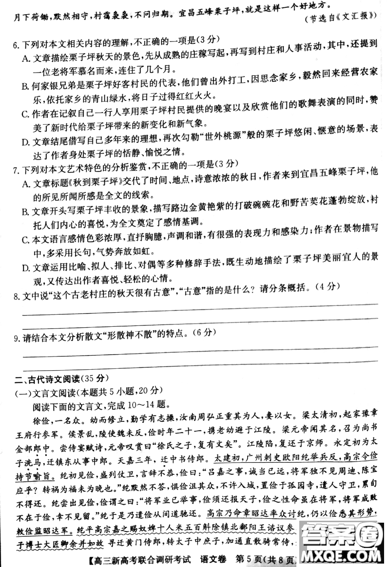 2020-2021學(xué)年遼寧省新高考聯(lián)合調(diào)研考試高三語文試題及答案