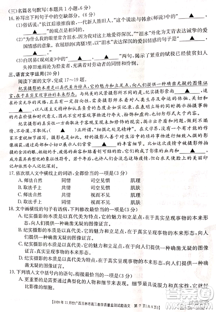 2020年11月份廣西玉林市高三教學質(zhì)量監(jiān)測試題語文試題及答案