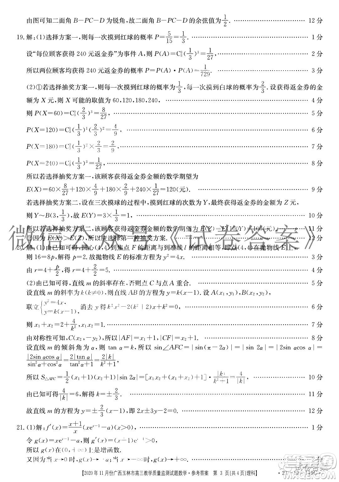 2020年11月份廣西玉林市高三教學(xué)質(zhì)量監(jiān)測(cè)試題理科數(shù)學(xué)答案