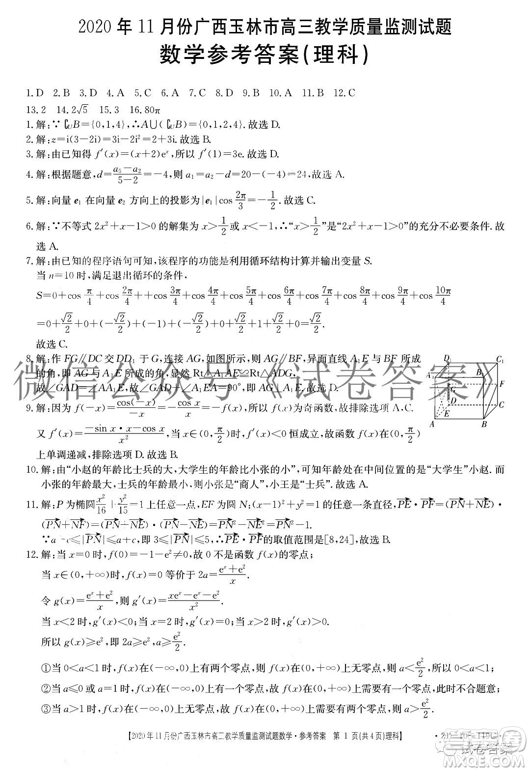 2020年11月份廣西玉林市高三教學(xué)質(zhì)量監(jiān)測(cè)試題理科數(shù)學(xué)答案