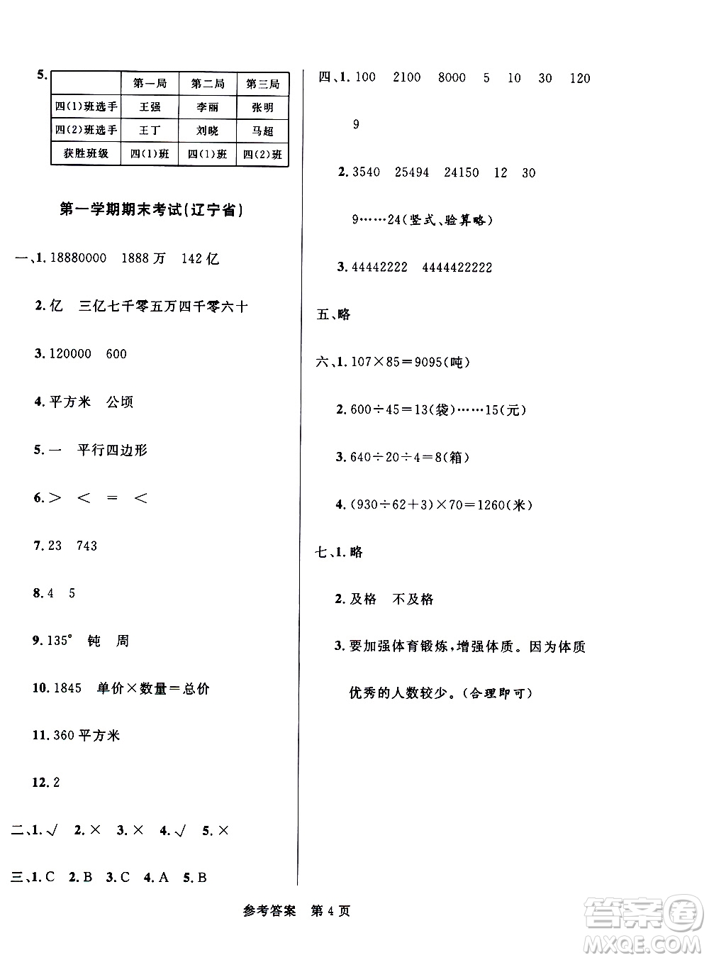 2020年黃岡名卷全國百所重點小學期末考試真題精選數(shù)學四年級上冊RJ人教版答案