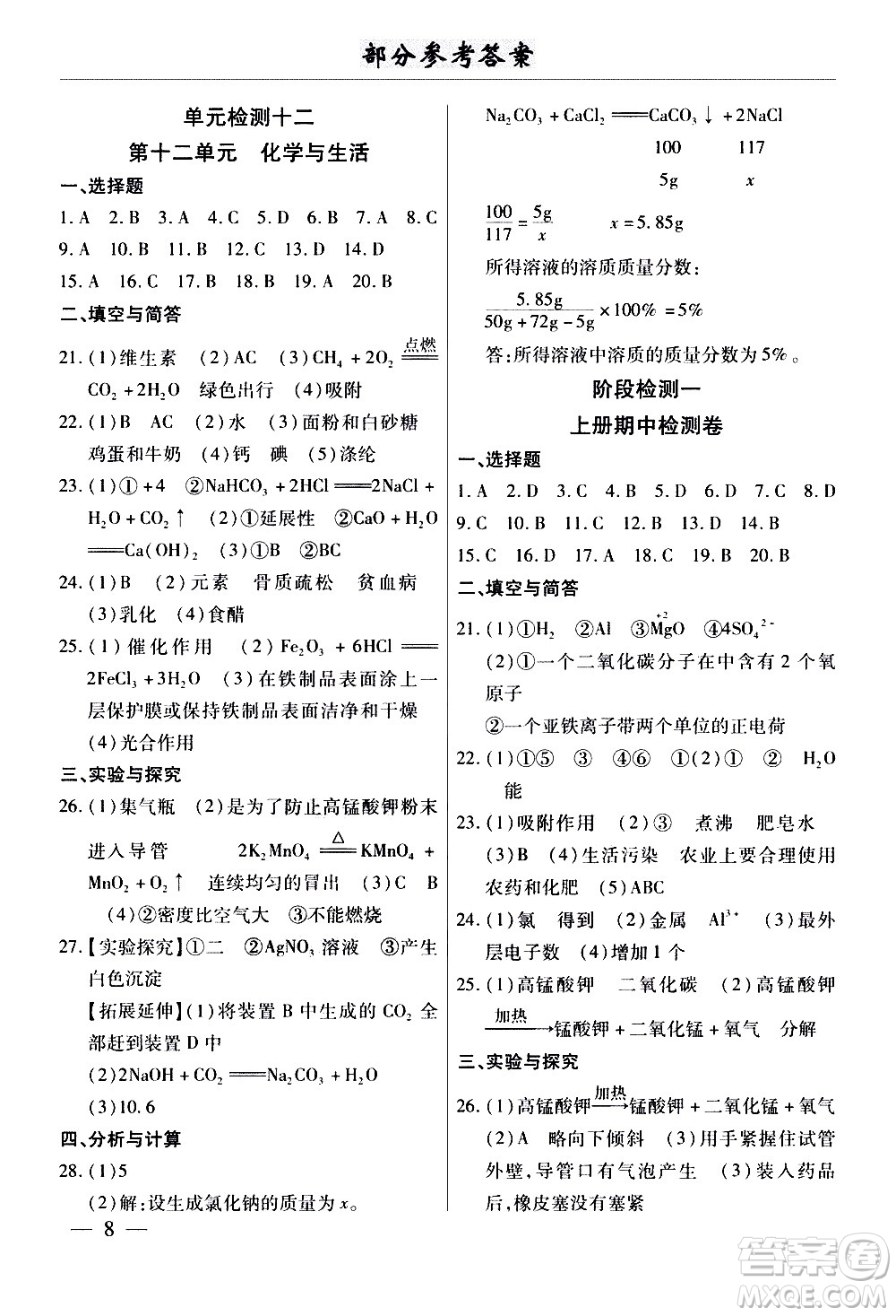 云南大學出版社2020本土考霸化學九年級全一冊人教版答案