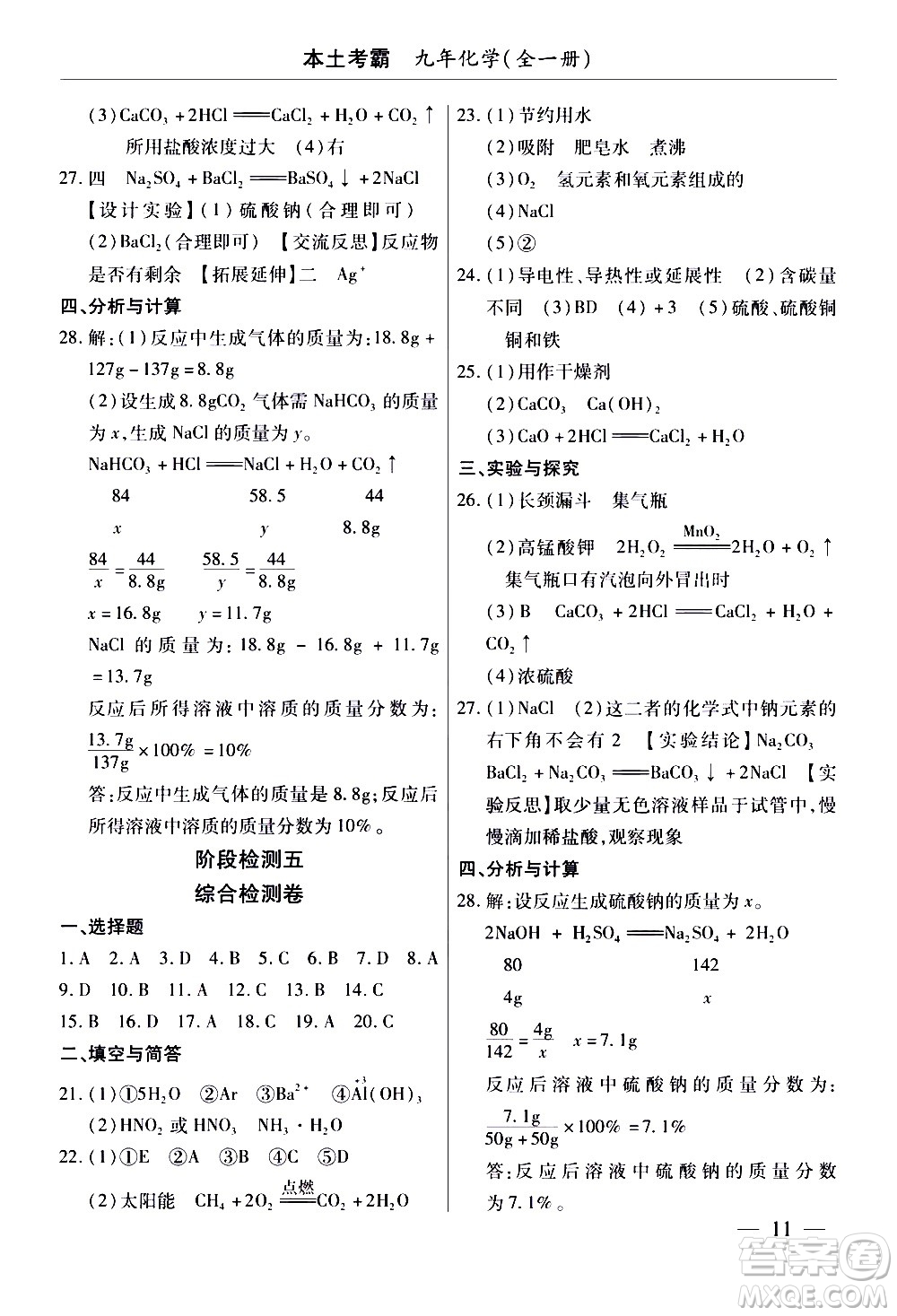 云南大學出版社2020本土考霸化學九年級全一冊人教版答案