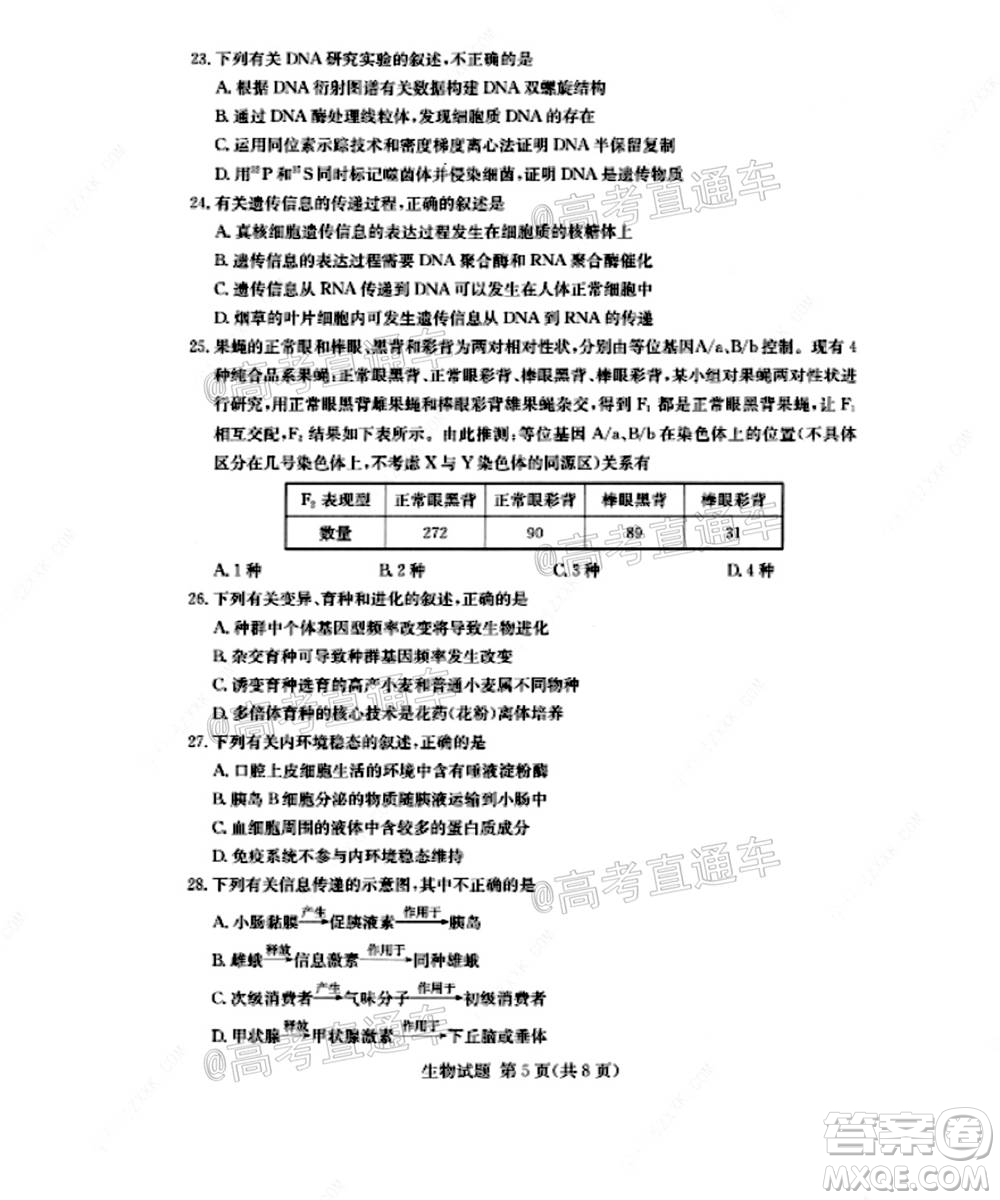 湘豫名校聯(lián)考2020年11月高三生物試題及答案