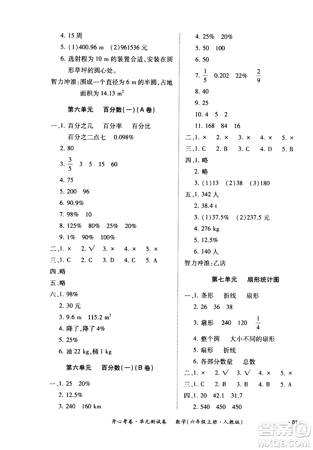 江西高校出版社2020開(kāi)心考卷單元測(cè)試卷數(shù)學(xué)六年級(jí)上冊(cè)人教版答案