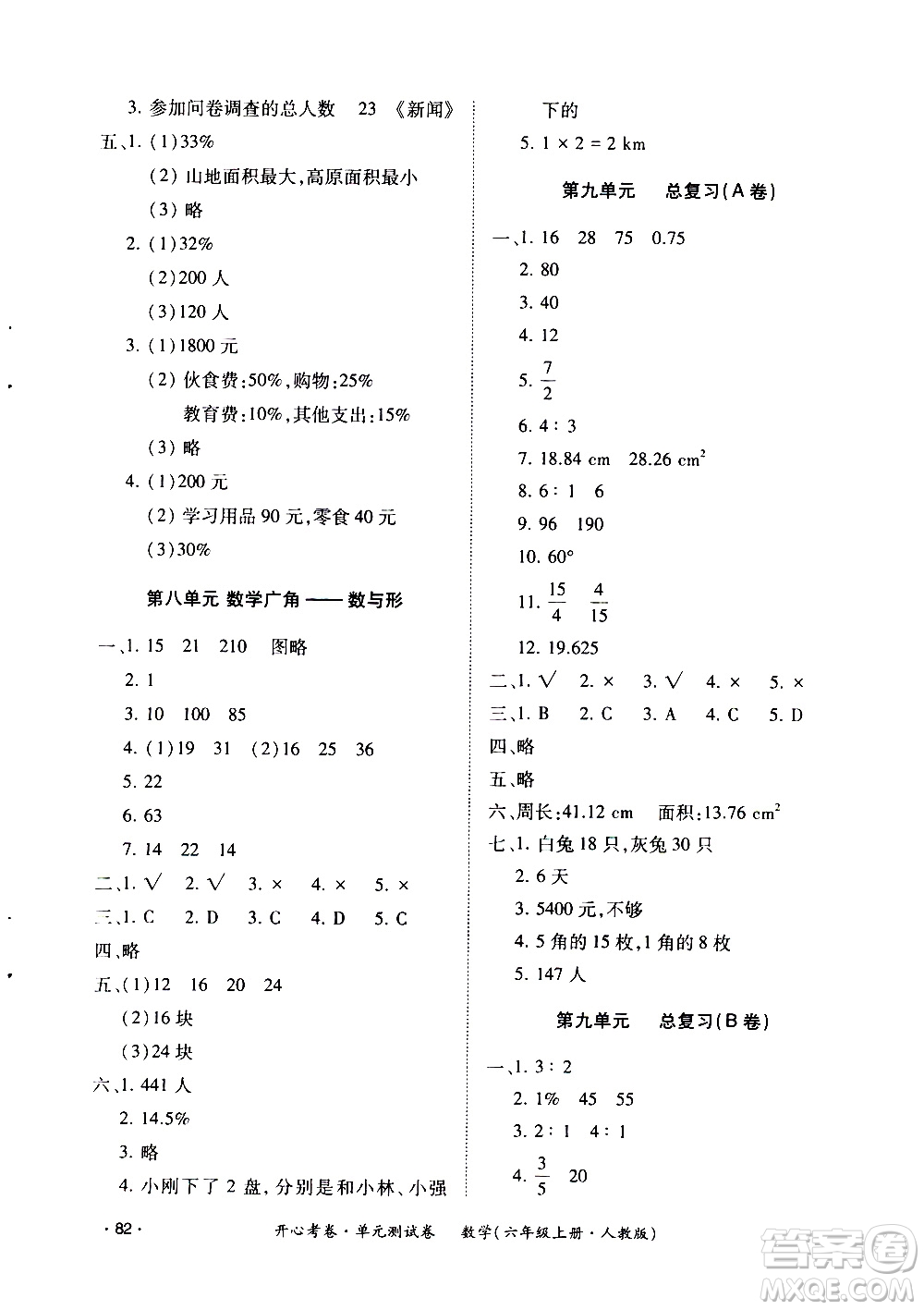 江西高校出版社2020開(kāi)心考卷單元測(cè)試卷數(shù)學(xué)六年級(jí)上冊(cè)人教版答案