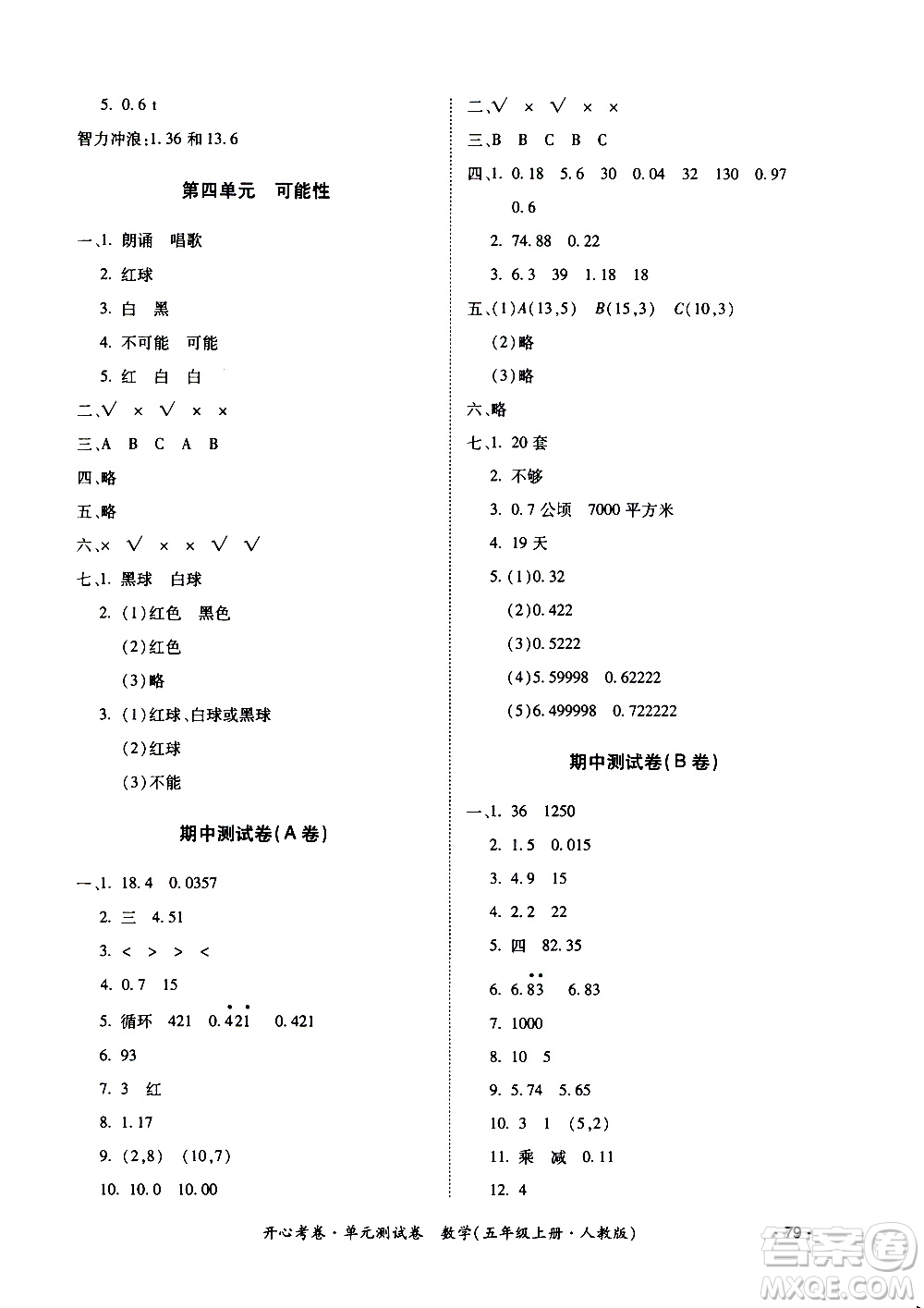 江西高校出版社2020開(kāi)心考卷單元測(cè)試卷數(shù)學(xué)五年級(jí)上冊(cè)人教版答案