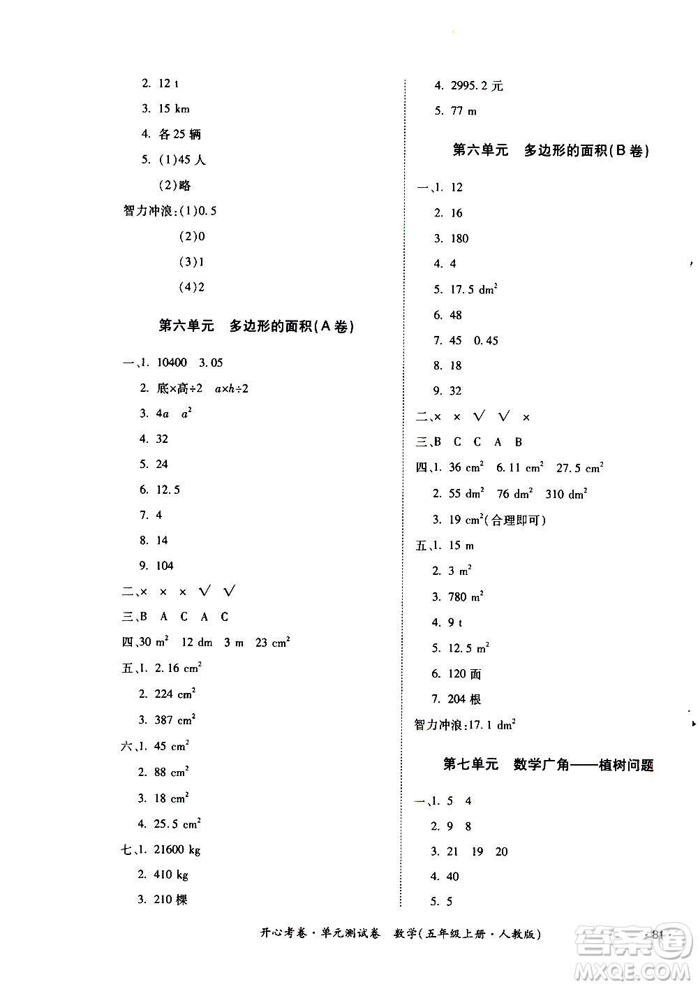 江西高校出版社2020開(kāi)心考卷單元測(cè)試卷數(shù)學(xué)五年級(jí)上冊(cè)人教版答案