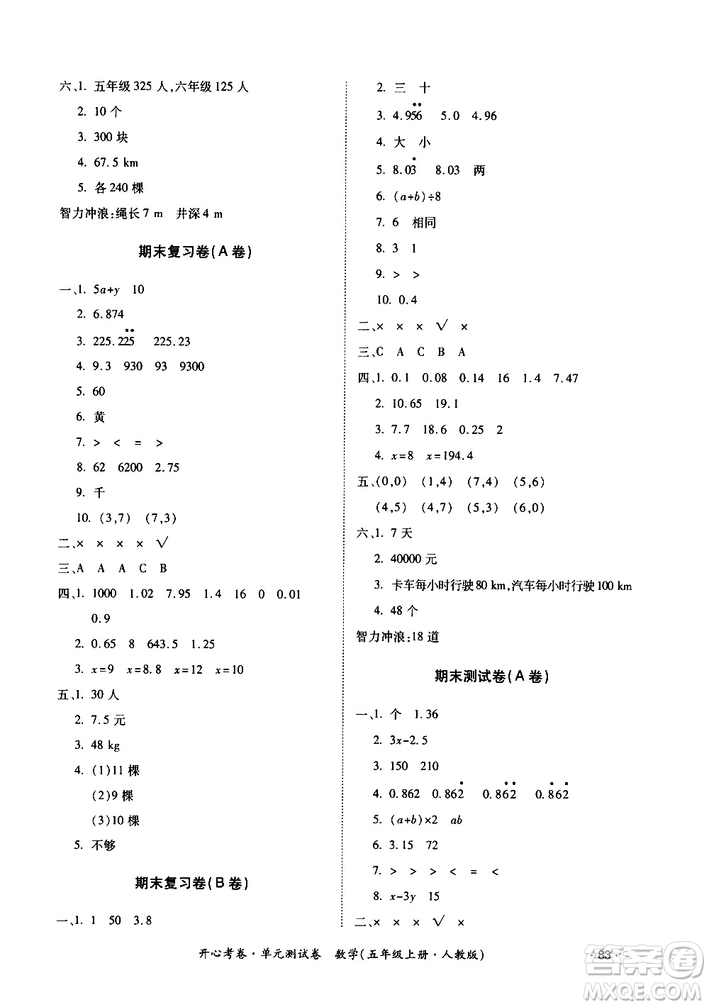 江西高校出版社2020開(kāi)心考卷單元測(cè)試卷數(shù)學(xué)五年級(jí)上冊(cè)人教版答案