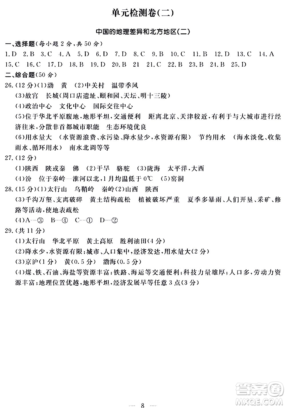 山東科學(xué)技術(shù)出版社2020單元檢測卷地理八年級上冊人教版答案