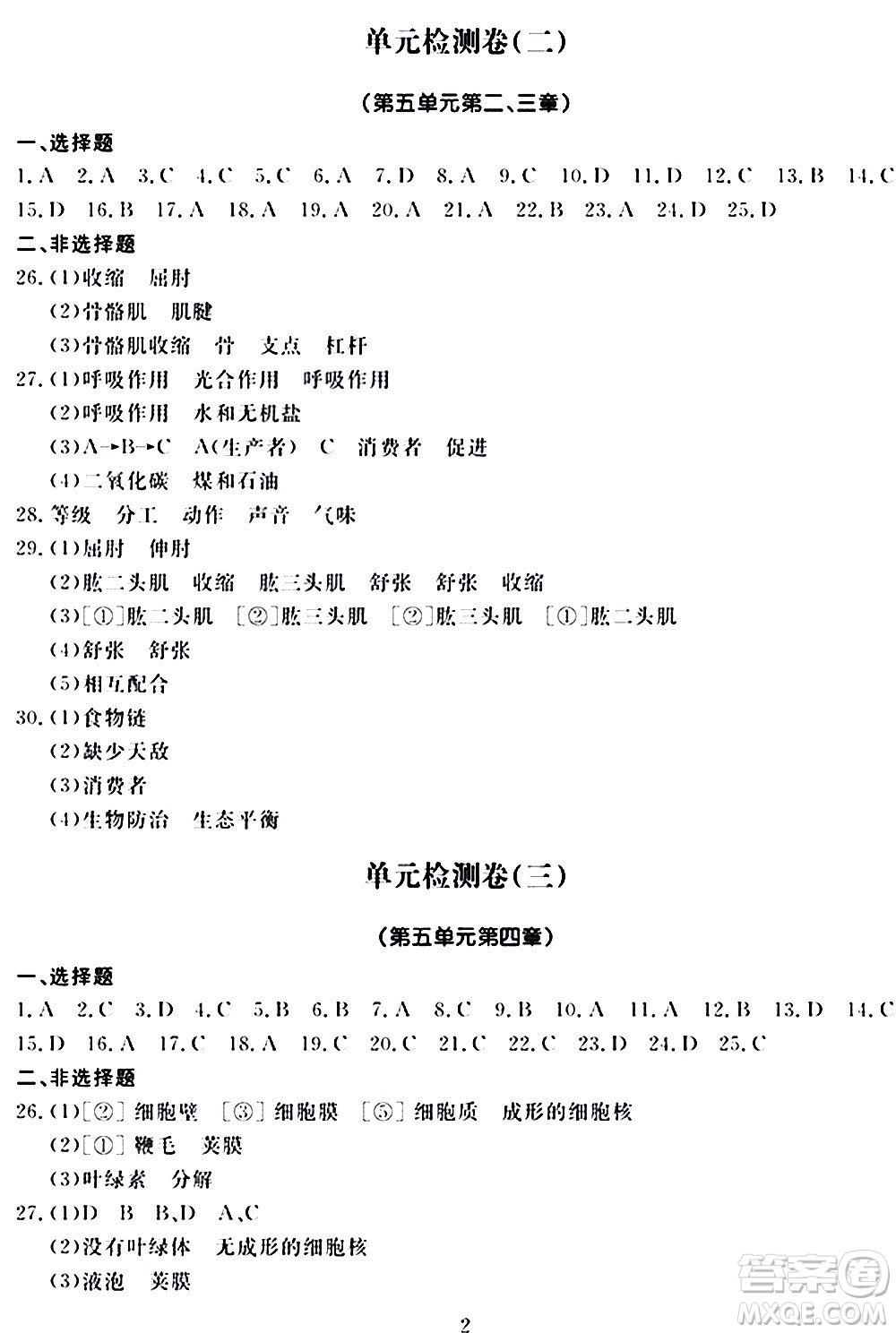 山東科學技術(shù)出版社2020單元檢測卷生物學八年級上冊人教版答案