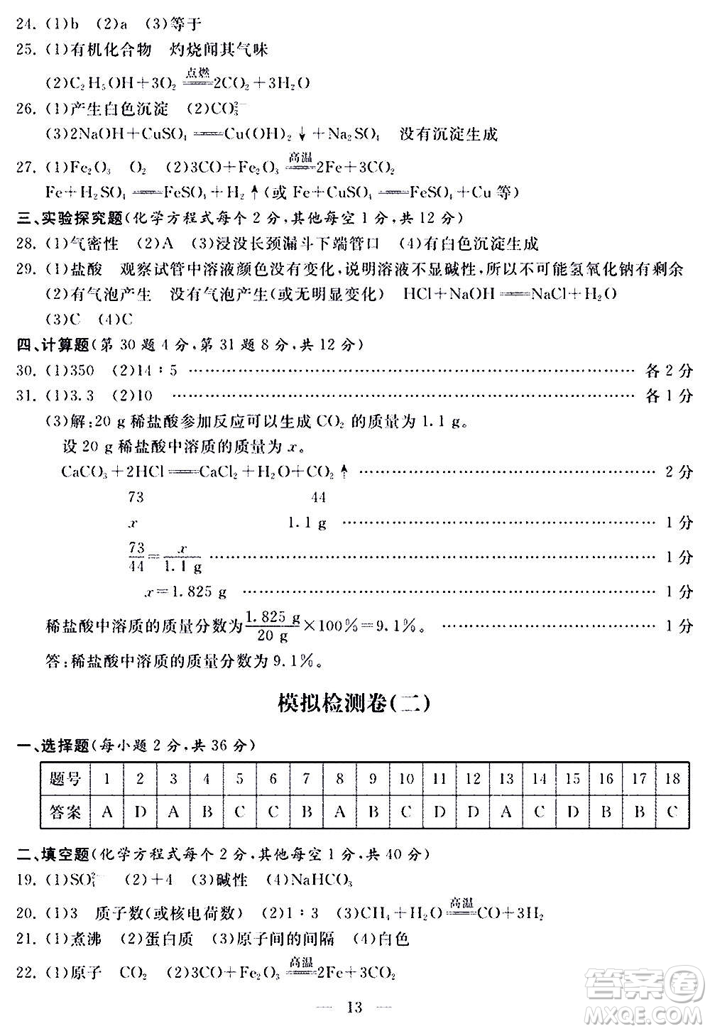 山東科學(xué)技術(shù)出版社2020單元檢測(cè)卷化學(xué)九年級(jí)上下冊(cè)人教版答案