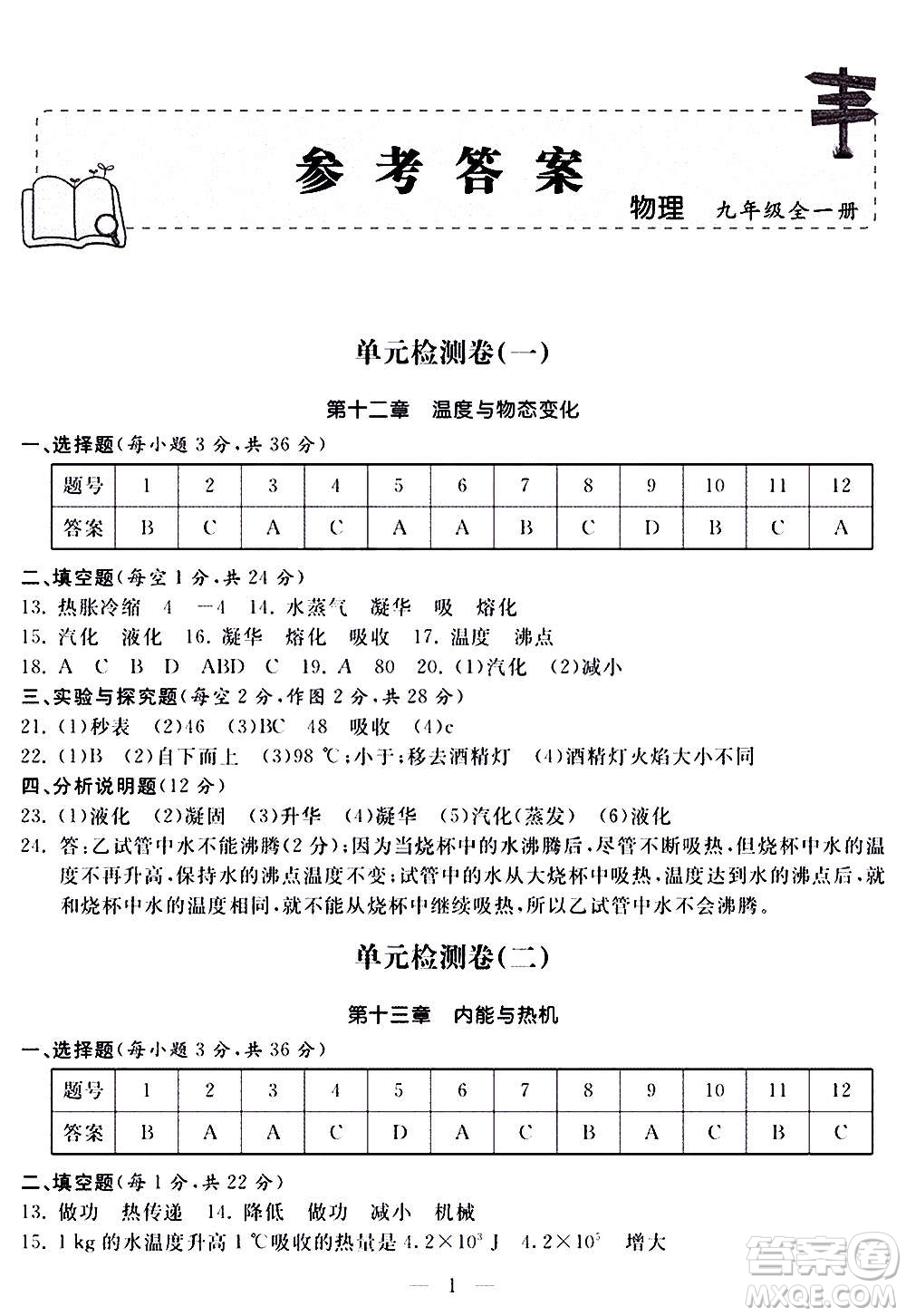 山東科學(xué)技術(shù)出版社2020單元檢測卷物理九年級全一冊人教版答案