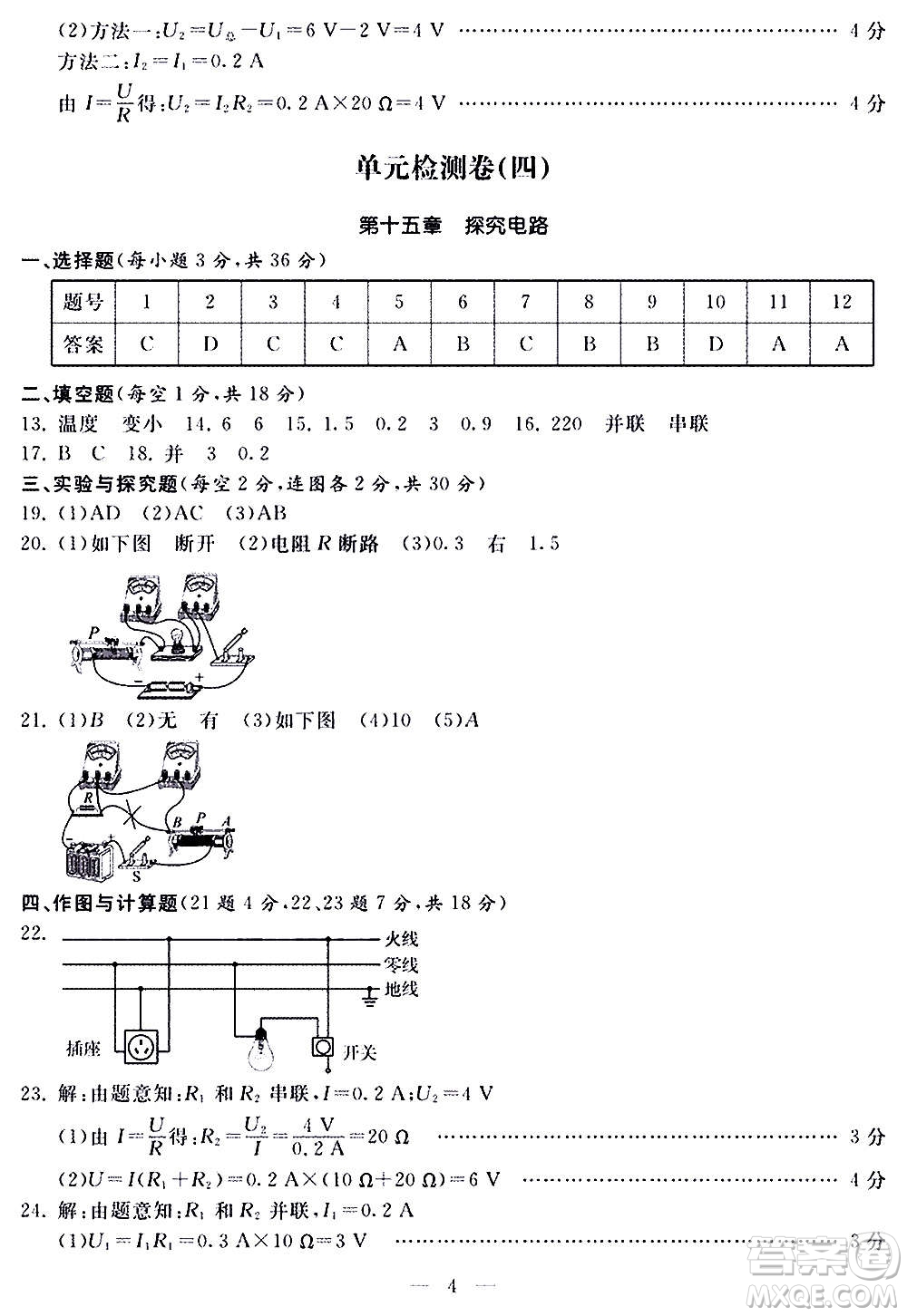 山東科學(xué)技術(shù)出版社2020單元檢測卷物理九年級全一冊人教版答案