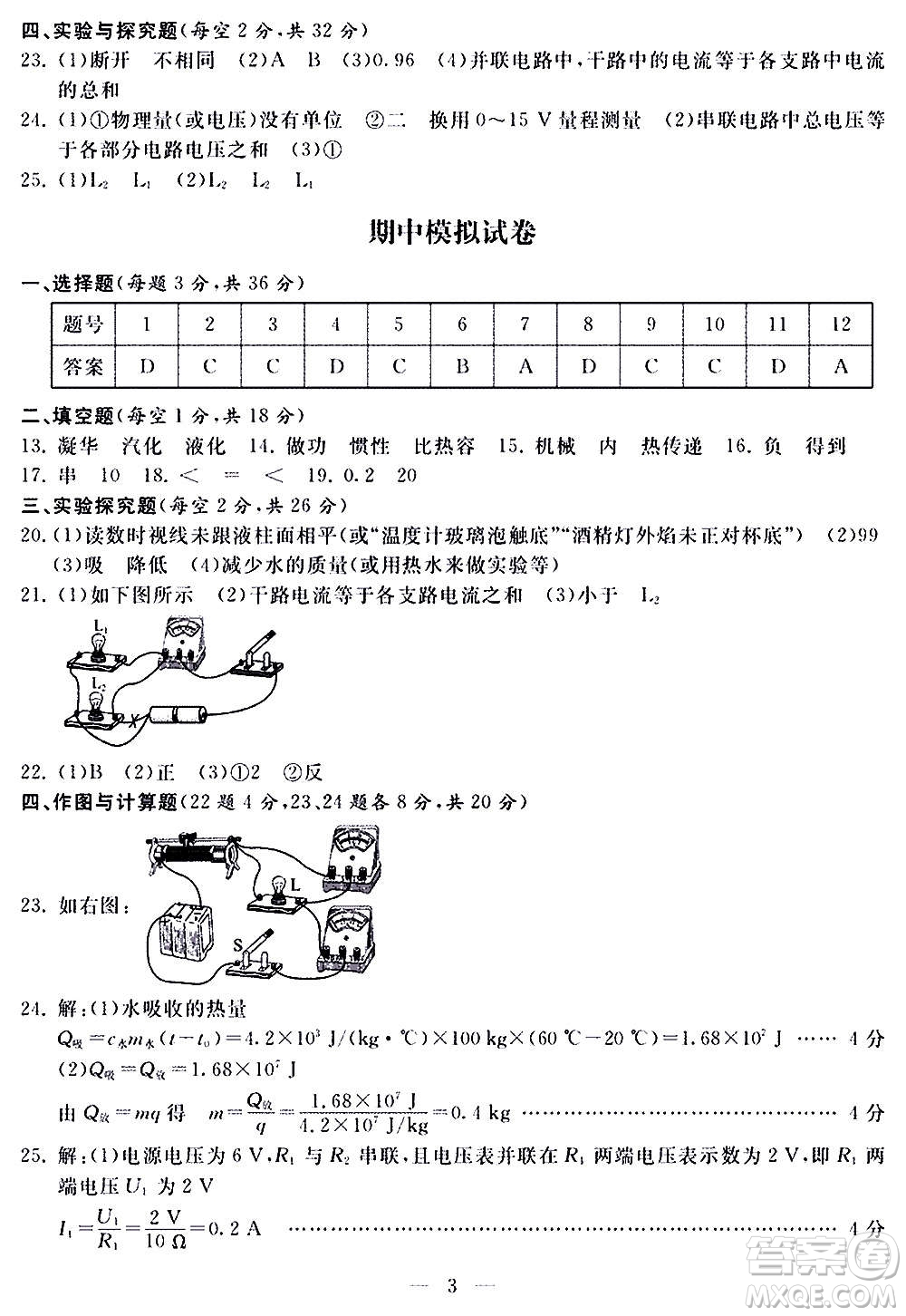 山東科學(xué)技術(shù)出版社2020單元檢測卷物理九年級全一冊人教版答案