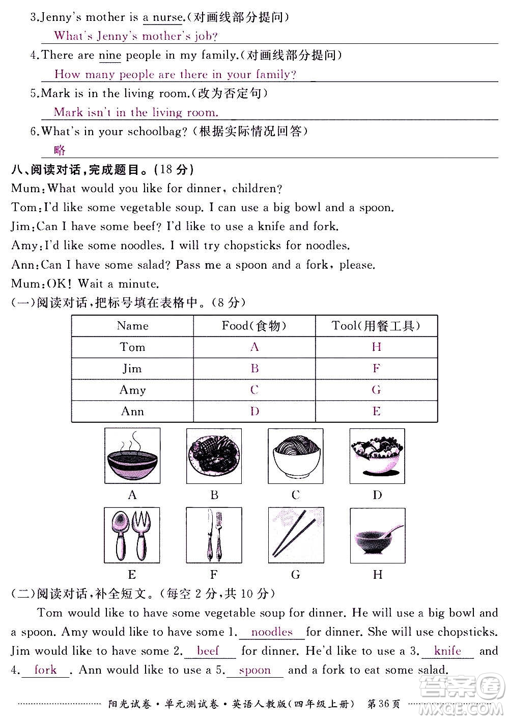 江西高校出版社2020陽光試卷單元測試卷英語四年級上冊人教版答案