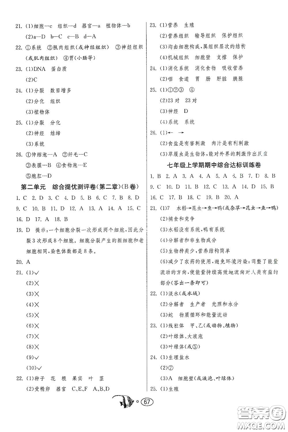 江蘇人民出版社2020名牌牛皮卷提優(yōu)名卷七年級(jí)生物上冊RMJY版答案