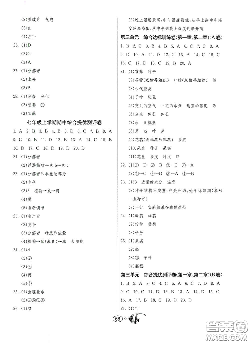 江蘇人民出版社2020名牌牛皮卷提優(yōu)名卷七年級(jí)生物上冊RMJY版答案